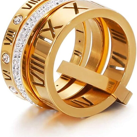 Jewelry - Stainless Steel CZ Roman Numeral Ring Women Stacking Thumb 3-in-1 Gift